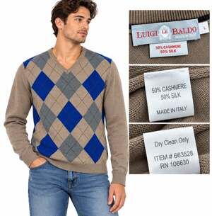 Argyle Luigi Baldo Men's Cashmere Silk V-Neck Sweater Size L Tan Blue